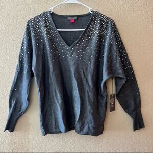 NWT: Gray Vince Camuto V-Neck Sweater with Silver Studs - Size: Small